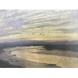 IAN HOUSTON. Framed, signed, dated 1951 and titled ‘Avocets Flying Inland At Sunset’, oil on canvas,