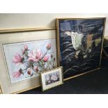 Three framed pictures, two embroidered, boat scene and floral still life, with two Hella Blume