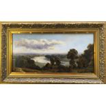 Framed, oil on canvas, 19th century oil on canvas, landscape with figures and small boat by river in