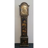 An ebonised long case Tempus Fugit clock with painted oriental garden scene to body in red, green