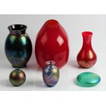 Six pieces of glass to include opalescent three vases, one signed Lanmara, and two paperweights,