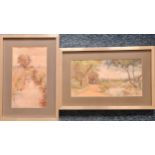 MARY MCNICOLL WROE. Two framed, signed watercolour on paper, country lane, 17.5cm x 33cm, and