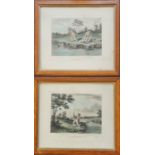 Two framed coloured prints, both humorous depictions of two men fishing, with Latin inscriptions