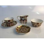 Royal Crown Derby Old Imari 1128 milk jug, sugar bowl, teacup, saucer and small dish. IMPORTANT: