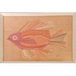 JOY CLUCAS. Framed, signed, mid-century embroidered panel, pink fish, 39cm x 74cm. IMPORTANT: Online