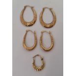 Two pairs of hoop earrings and a single hoop earring, all stamped 375, total lot weight approx. 1.