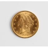 A gold 1904 twenty dollar coin, approx. weight 33.5g. IMPORTANT: Online viewing and bidding only. No