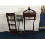 A reproduction mahogany trouser stand with a set of wall mounted shelves, metal jardiniere stand and