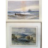 Four framed watercolour on paper to include stone house and bridge before hilly landscape with
