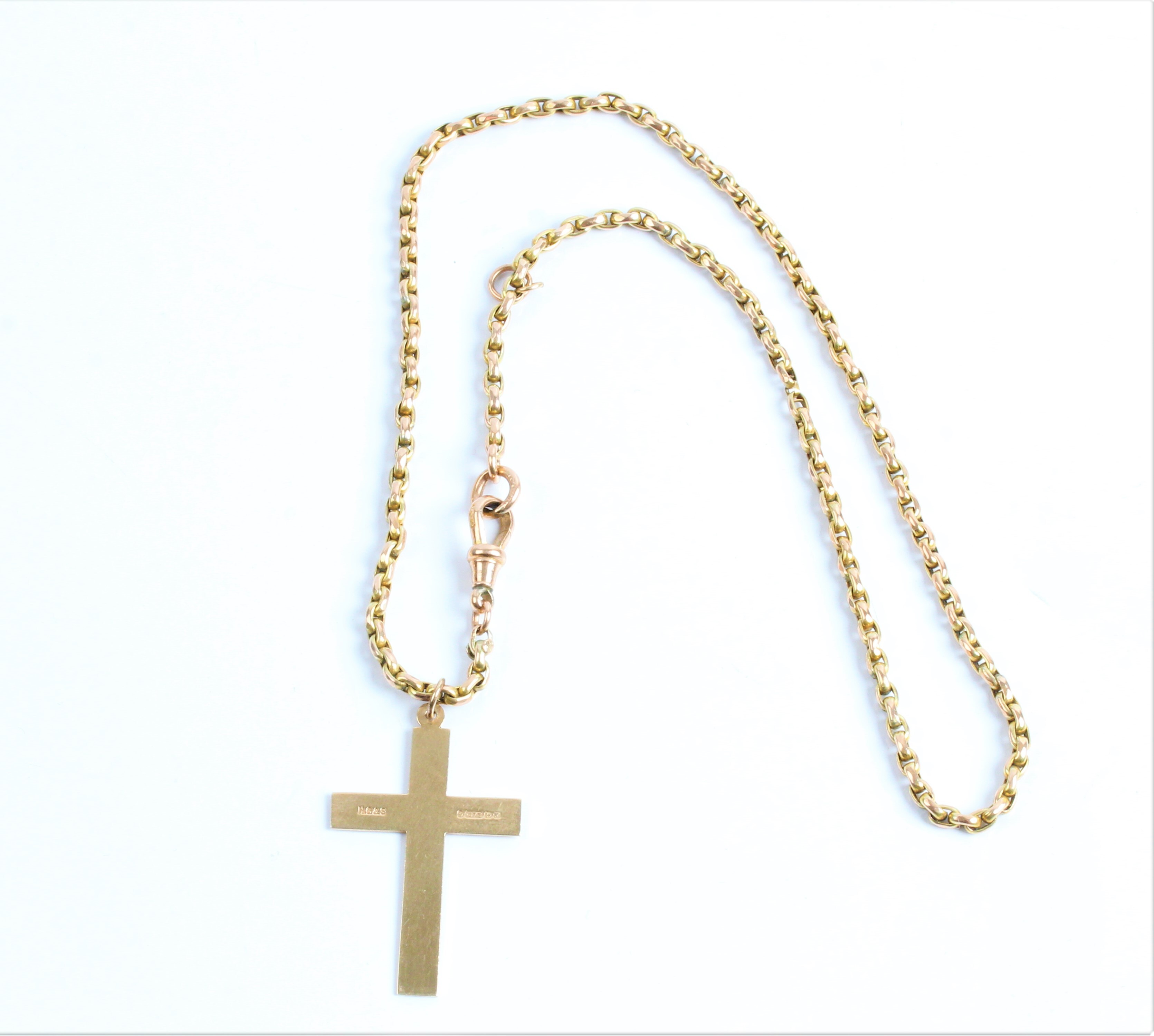 A hallmarked 9ct yellow gold cross, on belcher link watch chain, stamped 9c, approx. length 42cm,