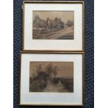 M. FARQUHAR. Two framed, signed watercolour on paper, village lane lined with cottages and