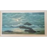 DEBORAH JONES. Framed, signed oil on canvas, seascape at dusk, 44cm x 89.5cm, together with N.
