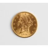 A gold 1904 twenty dollar coin, approx. weight 33.5g. IMPORTANT: Online viewing and bidding only. No