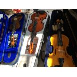 Three various violins in cases, one Stentor junior, one Terence Kelly. IMPORTANT: Online viewing and