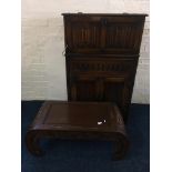 A reproduction oak linen fold cocktail cabinet with oriental style coffee table. IMPORTANT: Online