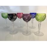 Six bohemian hock glasses in various colours, approx. height 16cm. IMPORTANT: Online viewing and