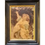 Framed crystoleum, young girl holding flower, inscribed to back M. McCullich 1925, 25cm x 17.5cm.