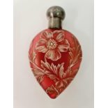 A Thomas Webb red and white cameo teardrop glass perfume bottle with hallmarked silver hinged lid,