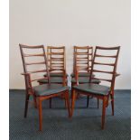 A set of four with two carver (six in total) Niels Koefoed Danish teak ladder back chairs,