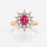 A hallmarked 9ct yellow gold synthetic ruby and colourless stone cluster ring, ring size Q, weight