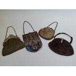 Four various purses, three Art Deco style, one beaded, one with classical courting couple.