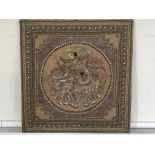 An Indian embroidered panel depicting female dancer on elephants with metal sequins and glass beads,