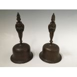 Two Hindu temple brass bells with Hanuman to top, approx. heights 20cm. IMPORTANT: Online viewing
