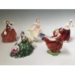 Five Royal Doulton figures, Gail, Elyse, Autumn Breezes, Fiona and Ninette. IMPORTANT: Online