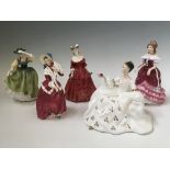 Five Royal Doulton figures, My Love, Buttercup, Sweet Sixteen, Christmas Morn and Vivienne.