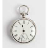 A Victorian silver open face key wind pocket watch, the white enamel dial having hourly Roman