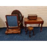 Two mahogany Victorian swing mirrors, together with a rosewood brass inlaid box, small farmhouse