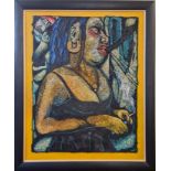 PAUL HILL (b. 1959). Framed, signed and dated 1996, acrylic on paper laid on board, female with blue