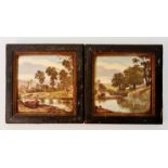 Two Mintons framed tiles depicting river scenes with boats, tile size approx. 15cm x 15cm.