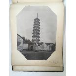 Photographs depicting oriental places and figures, with handwritten captions to corners, in album