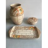 Bursley Ware Charlotte Rhead vase, dressing table tray and lidded powder pot. IMPORTANT: Online
