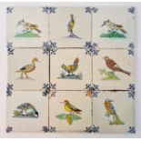 A set of nine 17th century Dutch Delft polychrome bird tiles, approx. 13cm x 13cm. IMPORTANT: Online