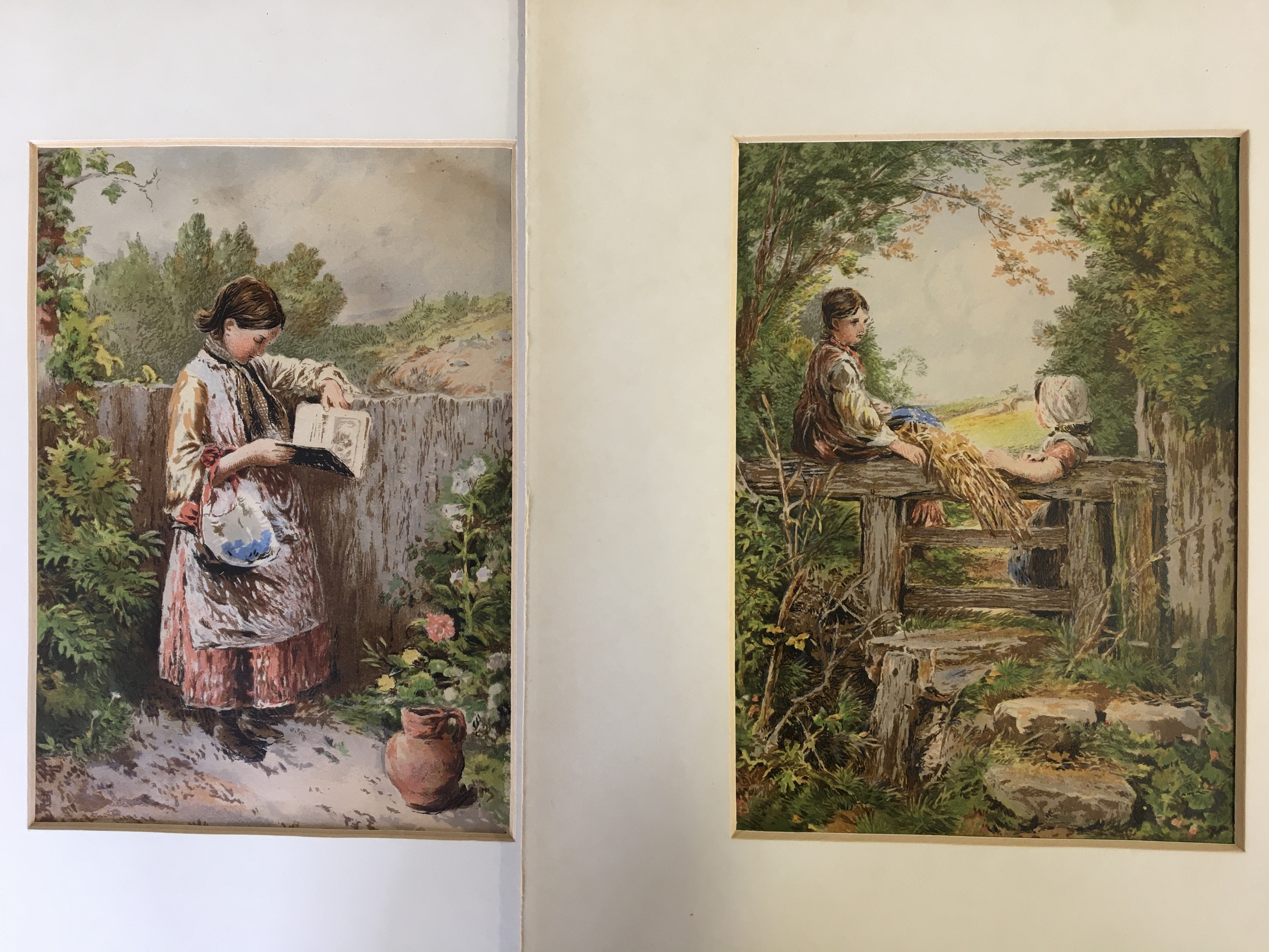 MYLES BIRKET FOSTER. Framed, signed with monogram, two watercolour on paper, girls by fences in