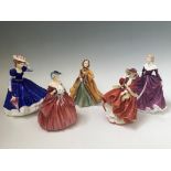 Five Royal Doulton figures, Top o’ the Hill, Belle, Rachel, Genevieve and Mary. IMPORTANT: Online