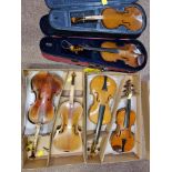 A selection of ten various violins in need of restoration, with two cases. IMPORTANT: Online viewing