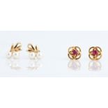 A pair of ruby set knot stud earrings, stamped 375, together with a pair of hallmarked 9ct yellow