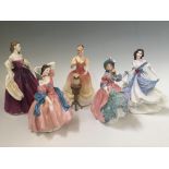 Five Royal Doulton figures, Special Celebration, Spring Morning, Sarah, May time and Samantha.