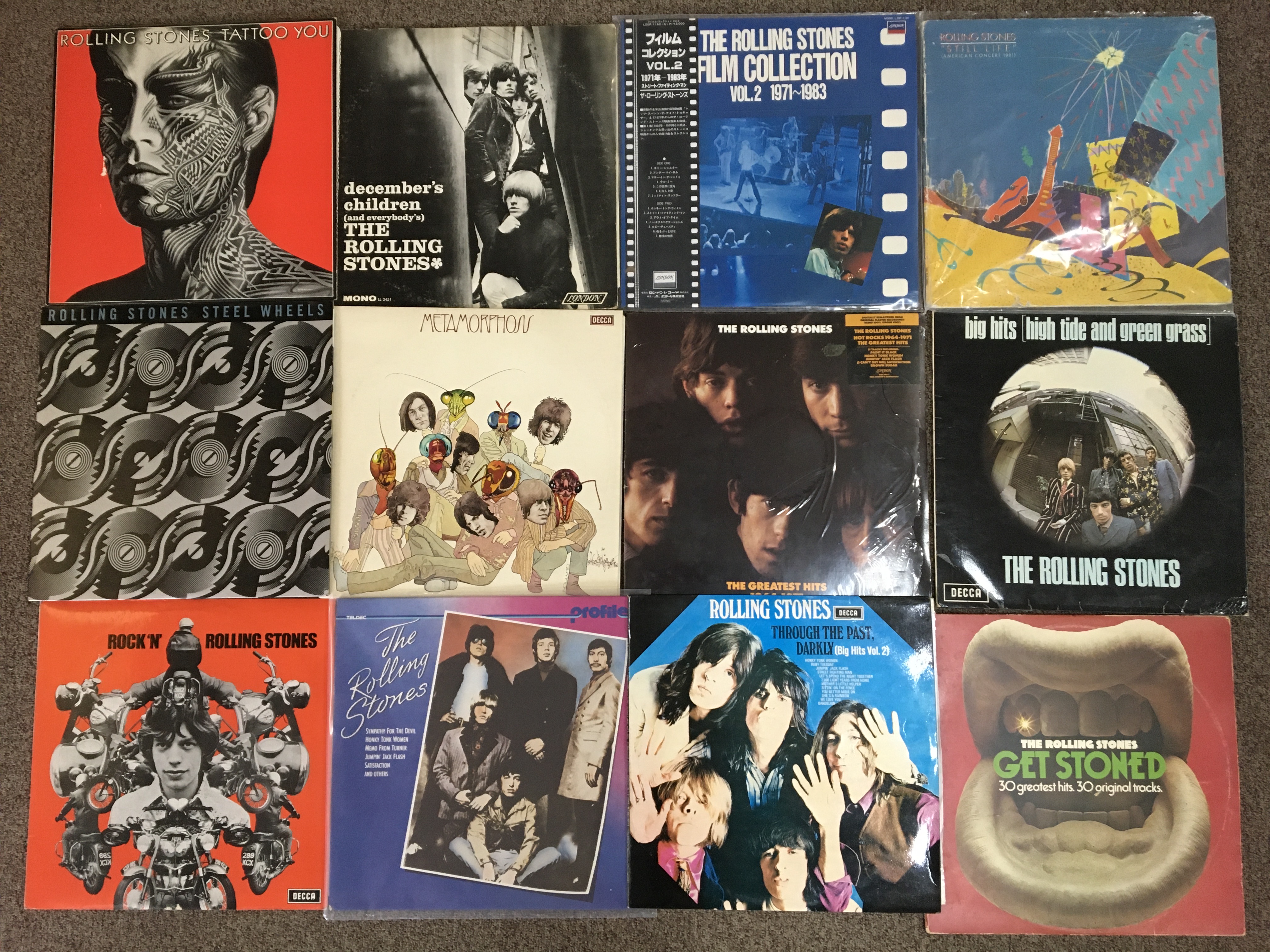 Twelve Rolling Stones vinyl records, Big Hits (High Tide and Green Grass), Still Life, Get Stoned,