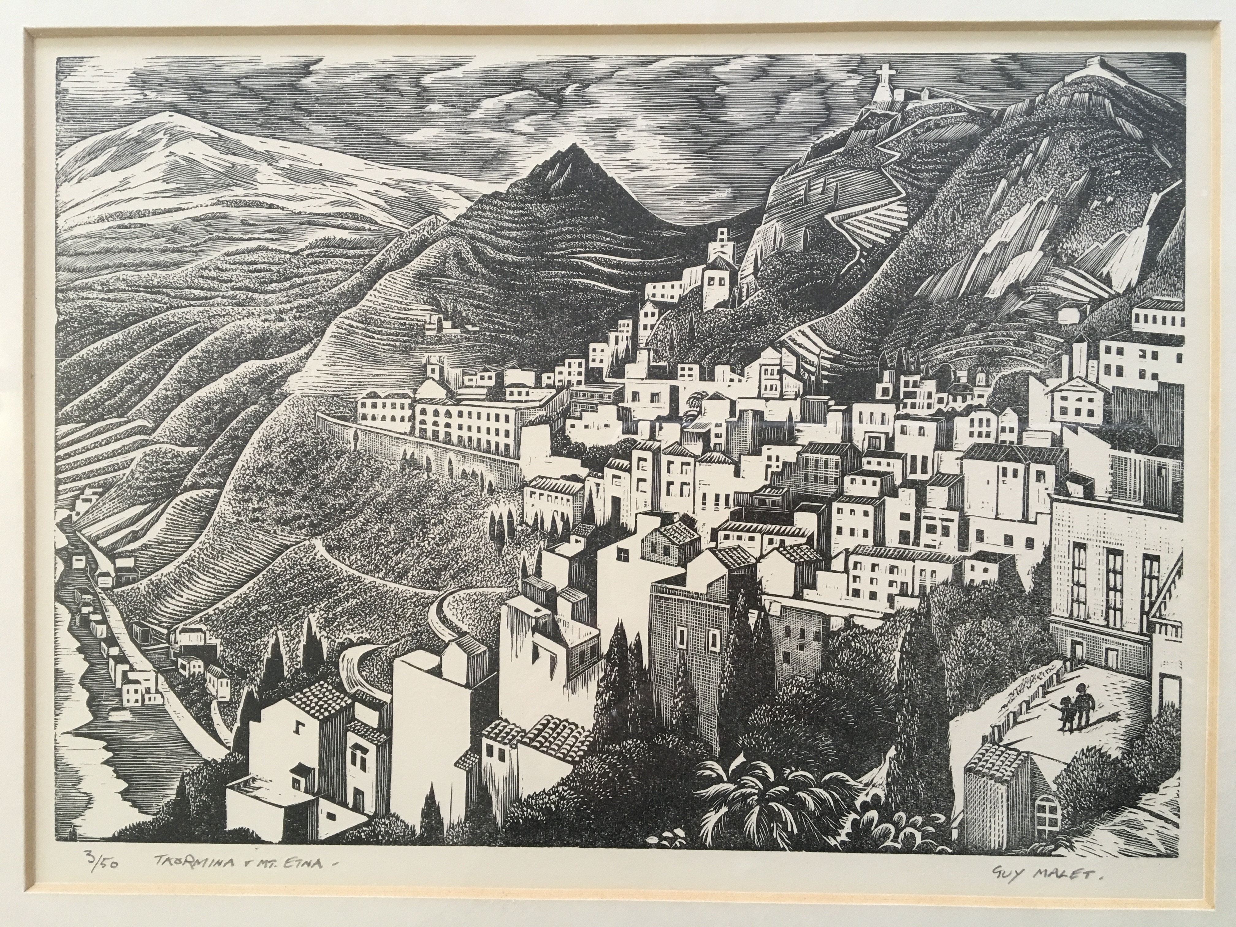 GUY MALET. Framed, signed in pencil, titled ‘Taormina & Mount Etna’, limited edition 3/50 line