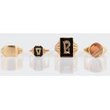 A selection of rings, to include a black hard stone mourning ring, stamped 9ct, ring size M½, a