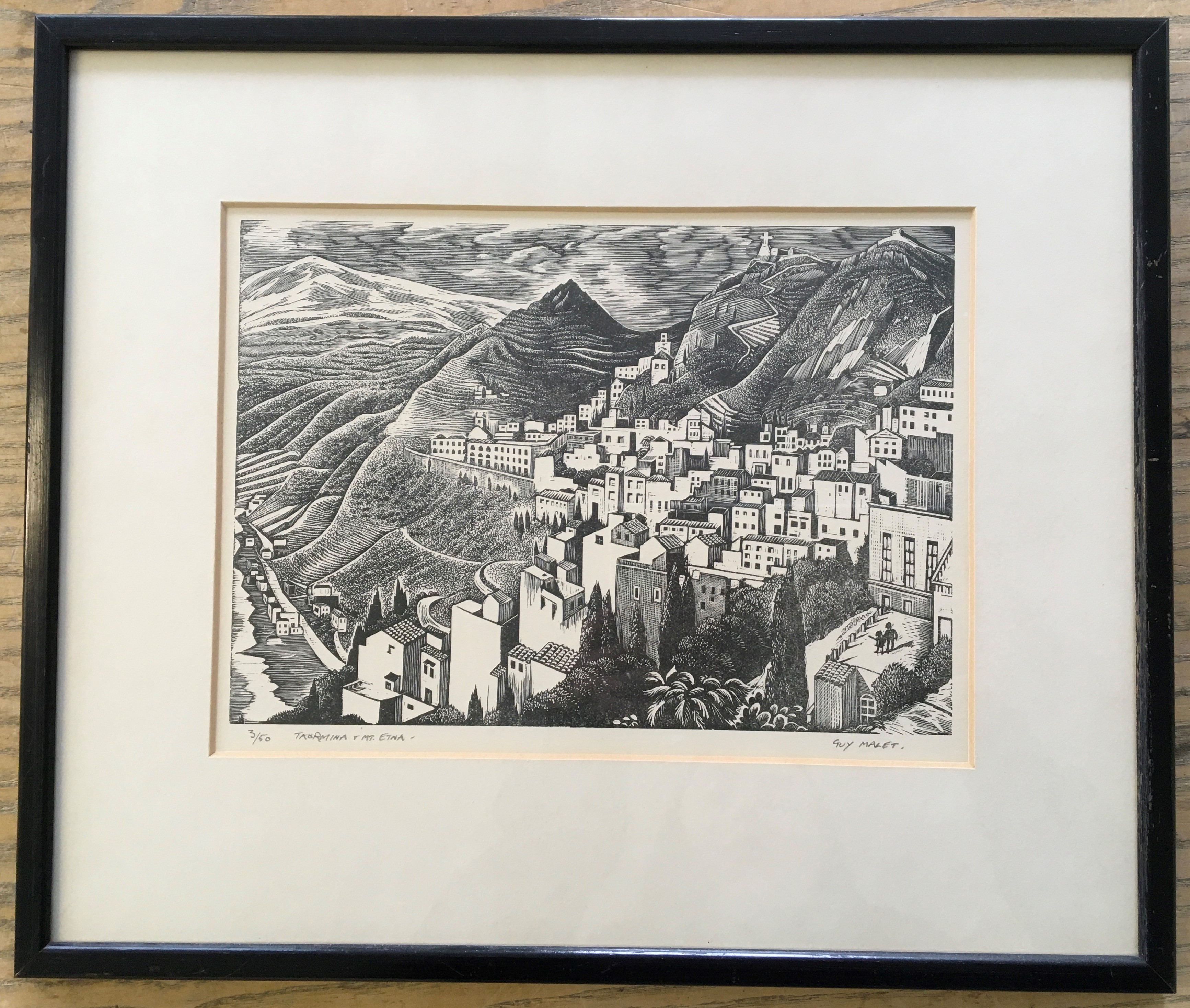 GUY MALET. Framed, signed in pencil, titled ‘Taormina & Mount Etna’, limited edition 3/50 line - Image 2 of 2