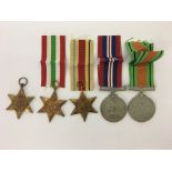 Five World War Two medals, War, Defence, with 1939-45, Africa and Italy stars. IMPORTANT: Online