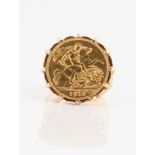 A George V 1913 half sovereign mounted in a hallmarked 9ct yellow gold ring mount, ring size R½,