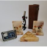 A selection of various items to include microscope in wooden case, onyx inkwell pen rest, onyx