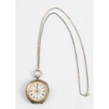 An open face key wind fob watch, the white enamel dial having hourly Roman numerals and decorative