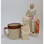 A Staffordshire flat-back King figure, together with a salt glazed loving cup and alabaster bust